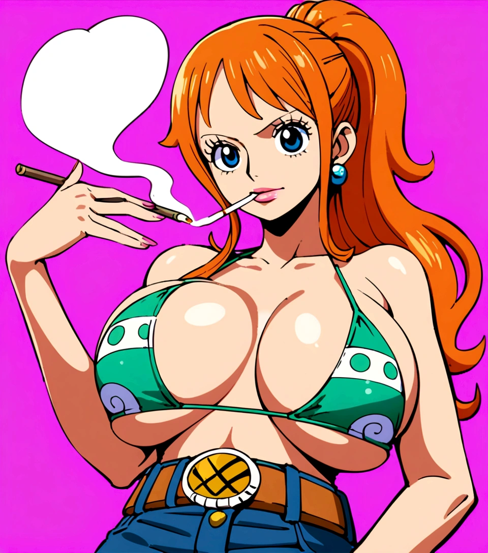 a cartoon picture of a woman in a bikini top and jeans, nami one piece, nami from one piece, nami, beautiful portrait of nami, from one piece, oppai, blue eyes, smoking, ponytail