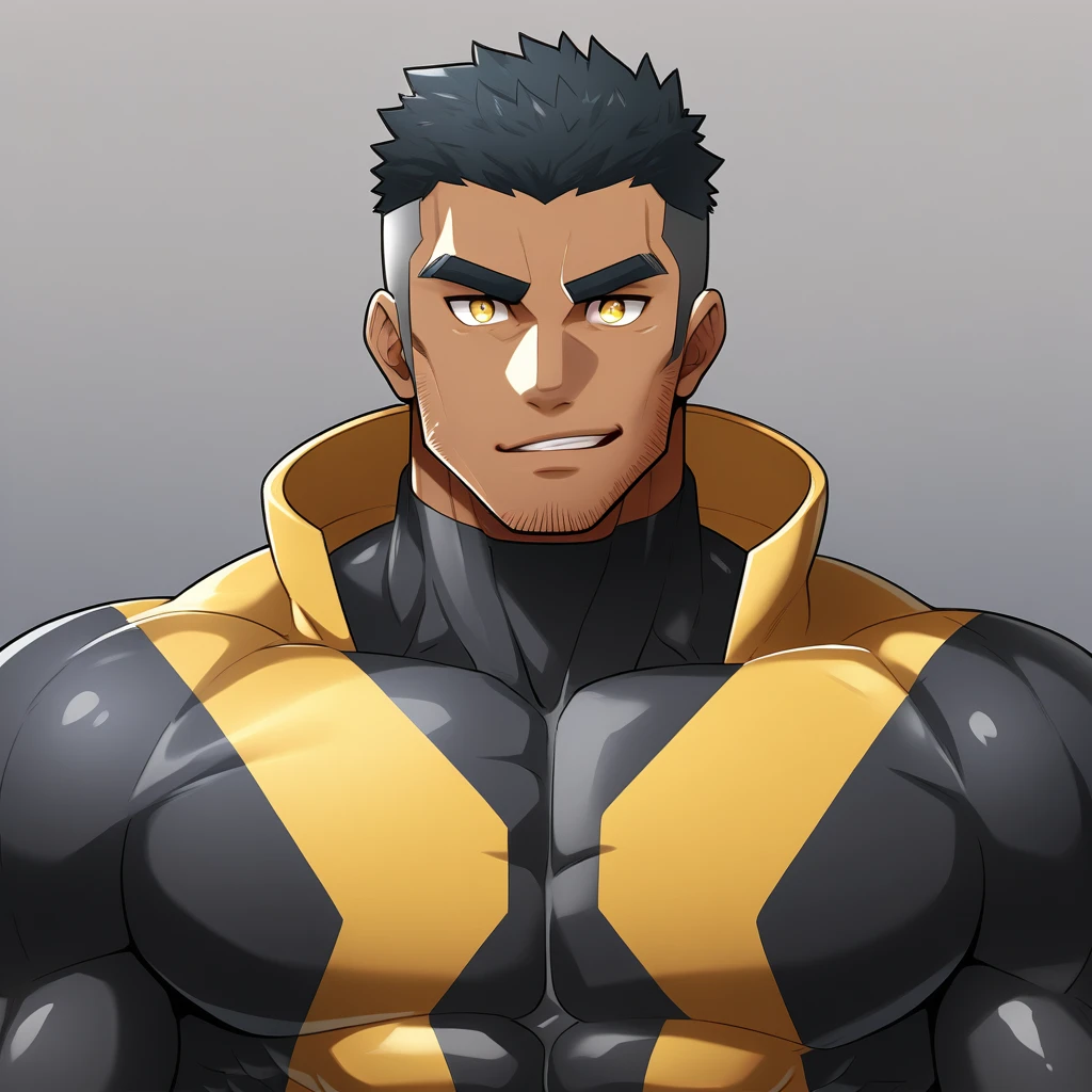 anime characters：Gyee, Muscle Sports Student, ????? black skin, 1 dark skin muscular tough guy, Manliness, male focus, Dark yellow high collar long sleeve wetsuit, Matte texture, Very tight, Round, full and perky chest muscles, Slightly transparent, muscular male, muscular, only, Upper body, alone, Black short hair, Thick eyebrows, stubble, Yellow eyes, Grey background, simple background, amazing quality, best aesthetics, Ridiculous, bright pupils, crew cut, parted lips, seductive smile, torogao, naughty face,  best quality
