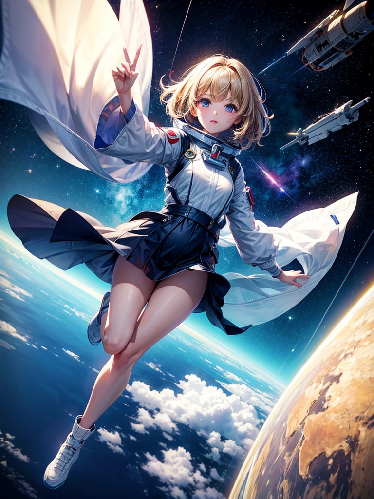 Highest quality,Highest Resolution,A beautiful android girl flying in space,Earth in the background,Get on the machine,Milky Way,