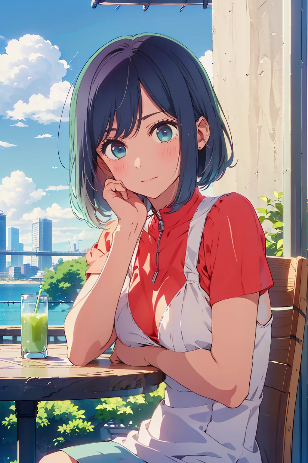 (Highest quality:1.4、8K:1.4、detailed)、F cup bust、Big Breasts、Slim body、Very white beautiful skin、((((1 person、Surprised expression、sit、Chair、In the background are the urban buildings of Tokyo、looking at the camera、Outdoor café terrace、Navy hair color、juice、table、Very cute face))))、((((nude、Areola))))、Nipples、(Pose with hair tucked behind ear with one hand:1.4、Cheek resting on hand:1.4)、Off-the-shoulder black blouson with zipper、Very blue sky、A completely cloudless sky