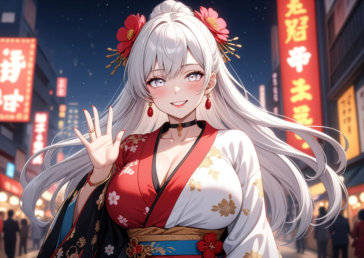 ((One personの女性)), Beautiful Face, (Laughing embarrassedly), (laugh:1.2),((Wink:1.9)), (head tilt:1.3), Laugh with your mouth wide open, upper teeth, looking down at viewer, ((Bright red cheeks:1.4)),Glossy Red Lips,rooftop, firework, Glossy red lips, Shining Face, ((Anime style background)),masterpiece, Highest quality, so beautiful,up to date, Complex details, (Pink long nails),(ring),(bracelet),(Floral choker),AI-generated, Complex,High resolution, Highest quality, super high quality,3D Images、3D Images,One person,Long white hair,High Ponytail, Anime woman posing for a photo,(blue eyes), ((Fine grain、Silvery white, lightly pigmented eyes、Shining Eyes:1.4)), (Squint your eyes:1.1),a hyperRealistic , hyperRealistic , Realistic,Anime woman with long white hair, Smooth anime CG art, A woman in a colorful kimono with gold embroidery, (Black long sleeve kimono),Red floral pattern,Long flower hair ornament,Earrings,Mature Body,(Big Breasts:1.1),Tall,Abdominal muscles,Tight waist,(Zoom up to face:1.5), (front view),