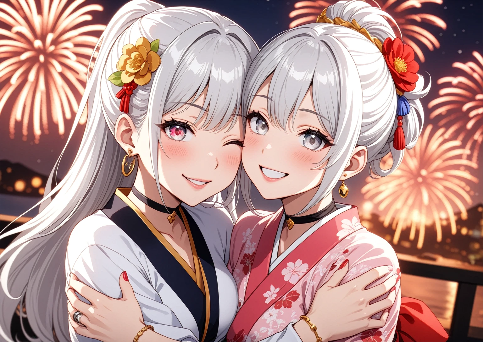 ((Two Women)), Beautiful Face, (Laughing embarrassedly), ((laugh)), ((Wink:1.8)), ((waving at viewer:1.3), Laugh with your mouth wide open,((Bright red cheeks:1.4)),Shiny red lips, night,横浜のnight景,You can see the ocean, firework,,Glossy pink lips,Facial lighting,((Anime style background)),masterpiece, Highest quality, so beautiful,up to date, Complex details, (4fingers and 1thumbs), (Pink long nails), (ring),(bracelet),(choker),AI-generated, Complex,High resolution, Highest quality, super high quality,3D Images、3D Images,One person,Long white hair,Blonde Hair, High Ponytail,(blue eyes),Anime woman posing for a photo, ((Fine grain、Silvery white eyes、Shining Eyes:1.4)),(Squint your eyes:1.1),a hyperRealistic , hyperRealistic , Realistic,Anime woman with long white hair, Smooth anime CG art, A woman in a colorful kimono with gold embroidery, (Black long sleeve kimono),(Pink long sleeve kimono), Red floral pattern,Long flower hair ornament,Earrings,Mature Body,(Big Breasts:1.1),Tall,Abdominal muscles,Narrow waist,(Zoom up to face), ((arm hug)),