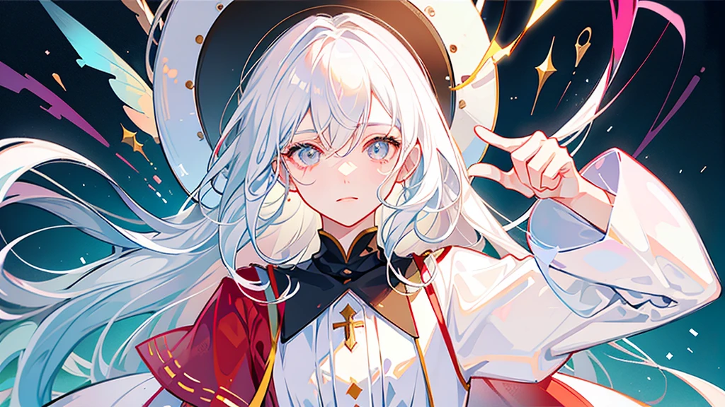 White hair, long, beautiful boy, cute, dress, androgynous, left eye white, right eye red, love, fleeting, unrequited love, solo White background