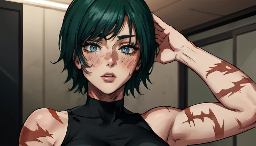 (masterpiece:1.2, best quality:1.2, beautiful, high quality, highres:1.1), detailed, short hair, short fluffy hair, short green hair, extremely detailed 4K, perfect eyes, perfect face, scar on body, circle glasses, Maki Zenin LoRA, black shirt, scar on eye, scars, sleeveless, crop top, beautiful face, perfect lighting, (1girl, solo, adult female, mature female), thin, lithe body, Maki Zenin, green hair, glasses, (big breasts), ((sensual seductive))