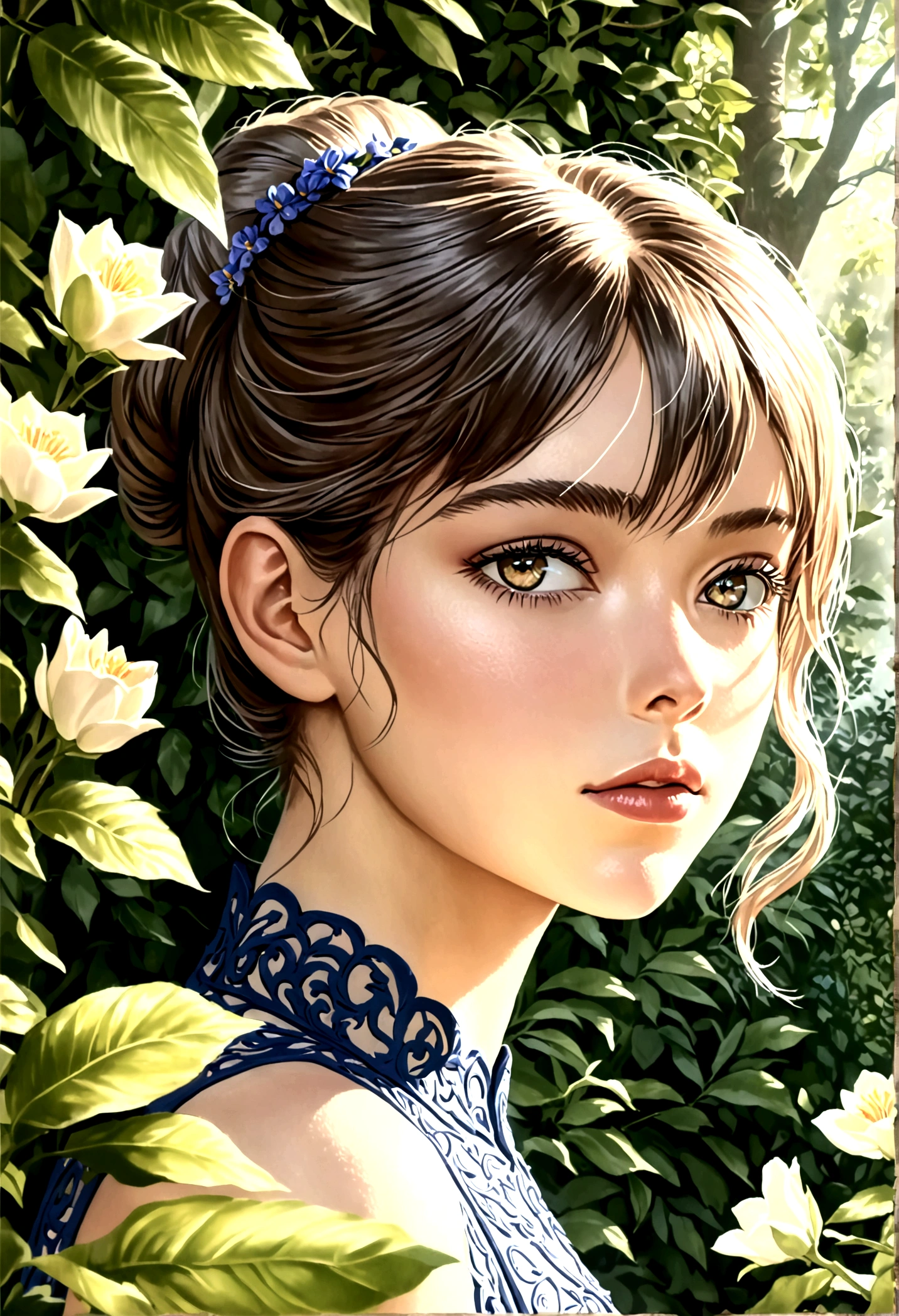 a beautiful young G girl, detailed face and eyes, long eyelashes, elegant expression, beautiful detailed lips, intricate hairstyle, delicate porcelain skin, wearing a gorgeous ornate dress, in a lush garden, surrounded by vibrant flowers, sunlight filtering through the trees, (best quality,4k,8k,highres,masterpiece:1.2),ultra-detailed,(realistic,photorealistic,photo-realistic:1.37),portrait,cinematic lighting,warm color tones