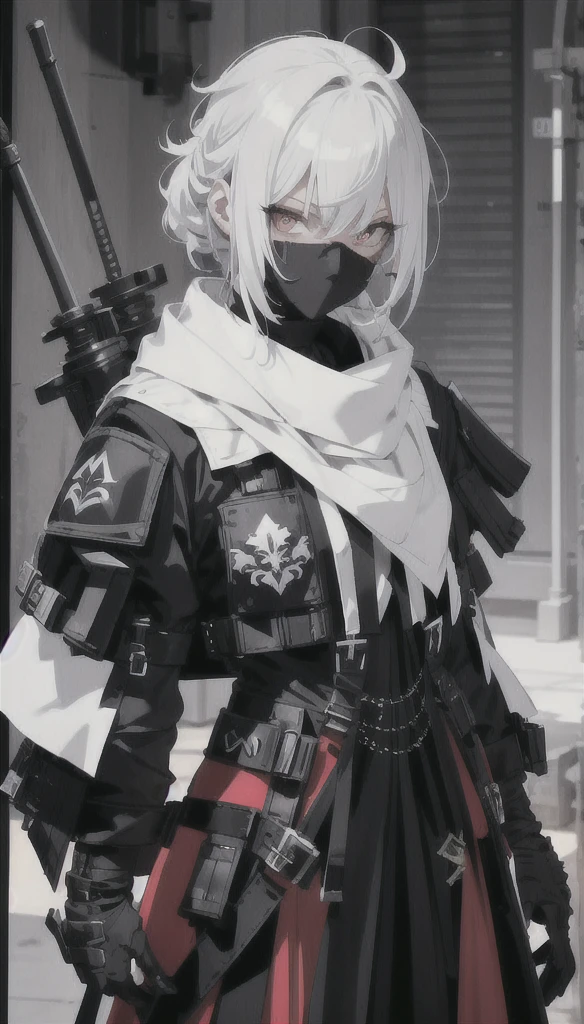 (Absurd, High resolution, Super detailed), masterpiece, Highest quality, 1 person, Bright red outfit, has two swords, Gray Hair, Sleeveless shirt, Black mask and scarf, tattoo, From below, Girls Shots,1 personの女の子, Standing pose, whole body, compensate, mascara, Soft lips、Or colored, clean, Sharp Project, Fluid silhouette, Geometric, Elegant and luxurious materials and design, Minimal accessories, Silver or gold necklaces and thin rings, Differentiated Design, High Quality Materials, Fresh, High Fashion,