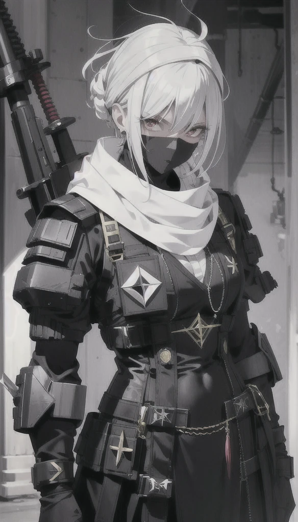 (Absurd, High resolution, Super detailed), masterpiece, Highest quality, 1 person, Bright red outfit, has two swords, Gray Hair, Sleeveless shirt, Black mask and scarf, tattoo, From below, Girls Shots,1 personの女の子, Standing pose, whole body, compensate, mascara, Soft lips、Or colored, clean, Sharp Project, Fluid silhouette, Geometric, Elegant and luxurious materials and design, Minimal accessories, Silver or gold necklaces and thin rings, Differentiated Design, High Quality Materials, Fresh, High Fashion,