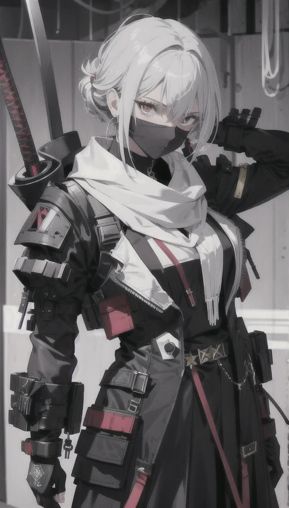 (Absurd, High resolution, Super detailed), masterpiece, Highest quality, 1 person, Bright red outfit, has two swords, Gray Hair, Sleeveless shirt, Black mask and scarf, tattoo, From below, Girls Shots,1 personの女の子, Standing pose, whole body, compensate, mascara, Soft lips、Or colored, clean, Sharp Project, Fluid silhouette, Geometric, Elegant and luxurious materials and design, Minimal accessories, Silver or gold necklaces and thin rings, Differentiated Design, High Quality Materials, Fresh, High Fashion, 