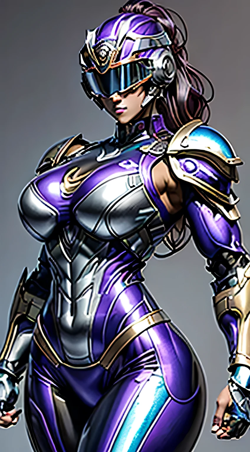 Female Robocop Solo、Bright outdoors、strong light source、8K, high quality, masterpiece, 最high quality, Crisp contrast、Very detailed、Full body armor、Very large armor、Helmet covering the head、Clear photos、His eyes are hidden by thin straight goggles:1.3、The lower half of the face is raw々Shii:1.5、The lower half of the face is exposed、Seductive lips、Metallic purple metallic armor、Armor that completely covers the chest、Long, slender legs、Vibrant Posselo Body View,Big and ample :1.5, (Sports Body:1.5)、Five Fingers、Hold a handgun、In the city