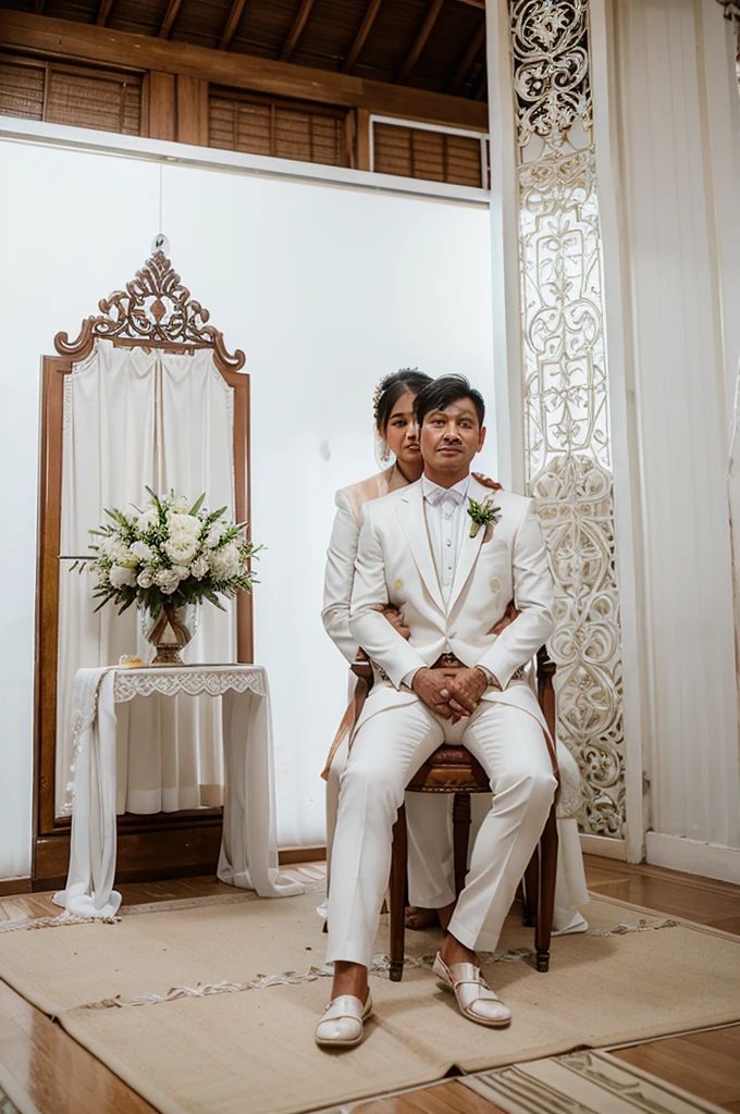 Indonesian wedding photos of the groom and bride, with white decorations, the man wears a suit, the bride wears a white dress, Behind there are wedding chairs and decorations that say LODI & CRY