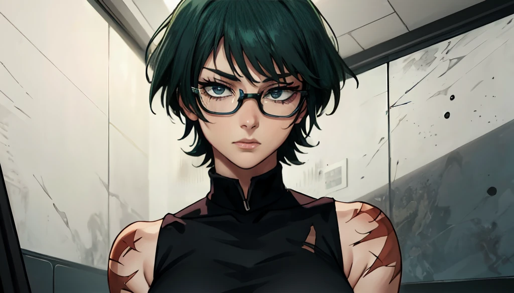 (masterpiece:1.2, best quality:1.2, beautiful, high quality, highres:1.1), detailed, short hair, short fluffy hair, short green hair, extremely detailed 4K, perfect eyes, perfect face, scar on body, circle glasses, Maki Zenin LoRA, black shirt, scar on eye, scars, sleeveless, crop top, beautiful face, perfect lighting, (1girl, solo, adult female, mature female), thin, lithe body, Maki Zenin, green hair, glasses, (big breasts), ((sensual seductive))