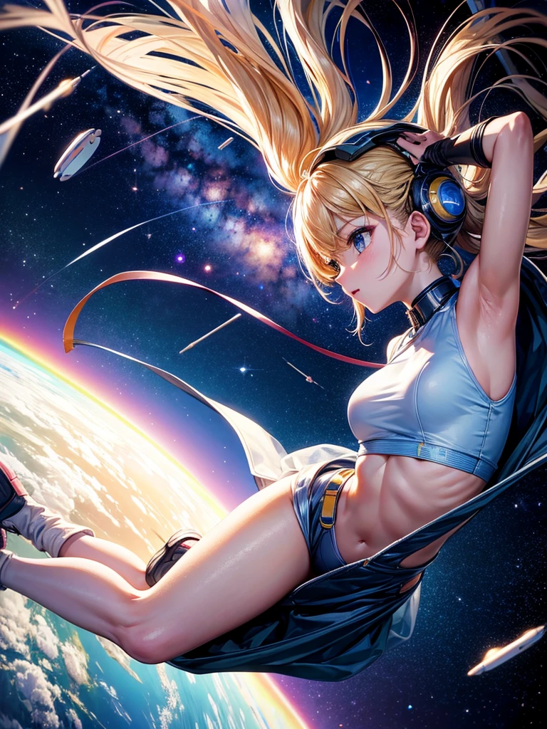 Highest quality,Highest Resolution,A beautiful android girl flying in space,Earth in the background,Get on the machine,