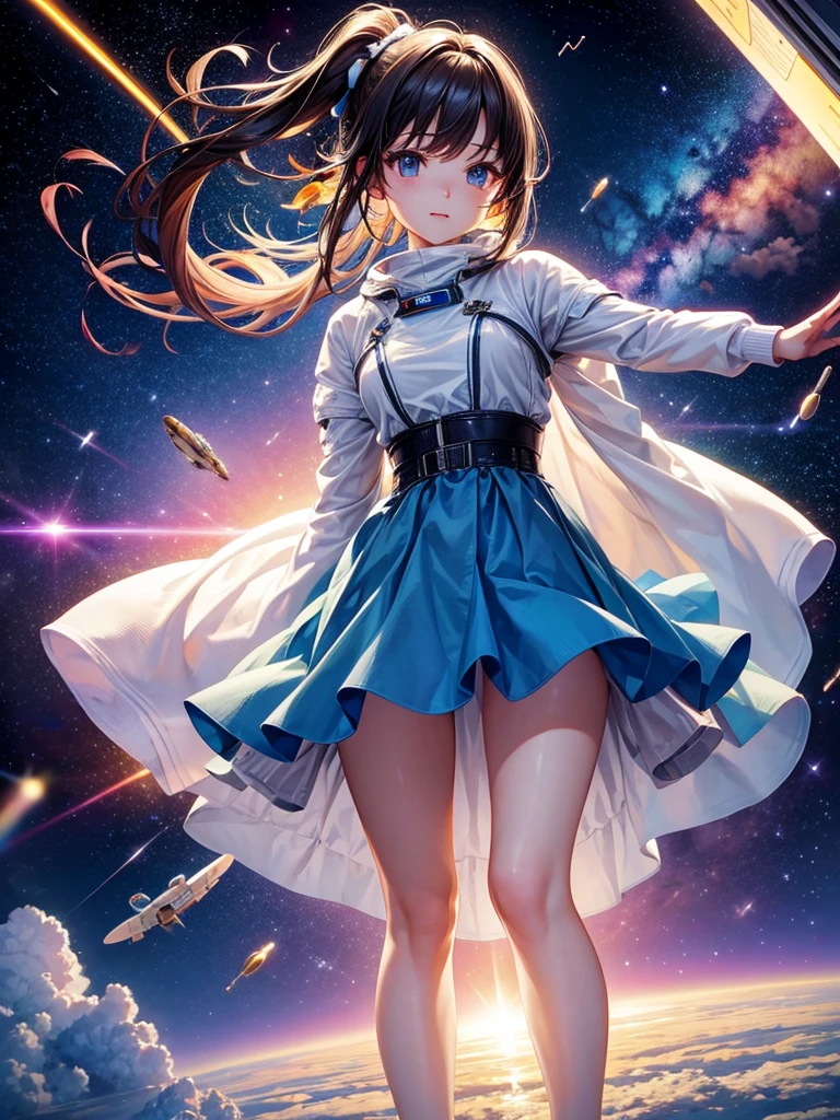 Highest quality,Highest Resolution,A beautiful android girl flying in space,Earth in the background,Get on the machine,