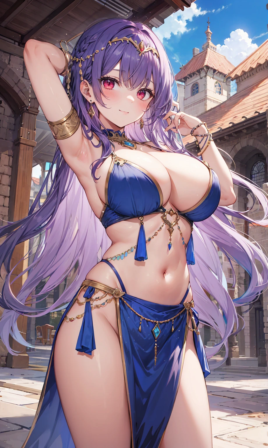 high quality, ultra detailed, best quality, insanely detailed, beautiful, masterpiece, 1girl, medieval plaza, cowboy shot, red eyes, long hair, purple hair, belly dancer, circlet, earrings, armlets, bracelets, bashful smile, large breasts, cleavage, soft stomach