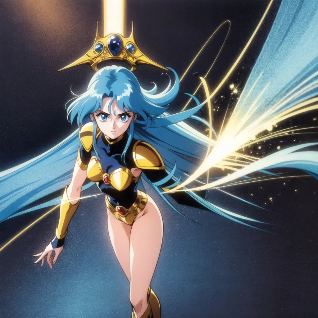 A beautiful girl with long blue hair and piercing blue eyes, wearing intricate gold armor, standing in a dark fantasy movie scene, 8k, hyper detailed, cinematic lighting, 80s anime style, elegant, dramatic, masterpiece