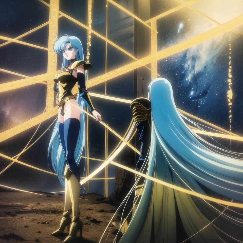 A beautiful girl with long blue hair and piercing blue eyes, wearing intricate gold armor, standing in a dark fantasy movie scene, 8k, hyper detailed, cinematic lighting, 80s anime style, elegant, dramatic, masterpiece