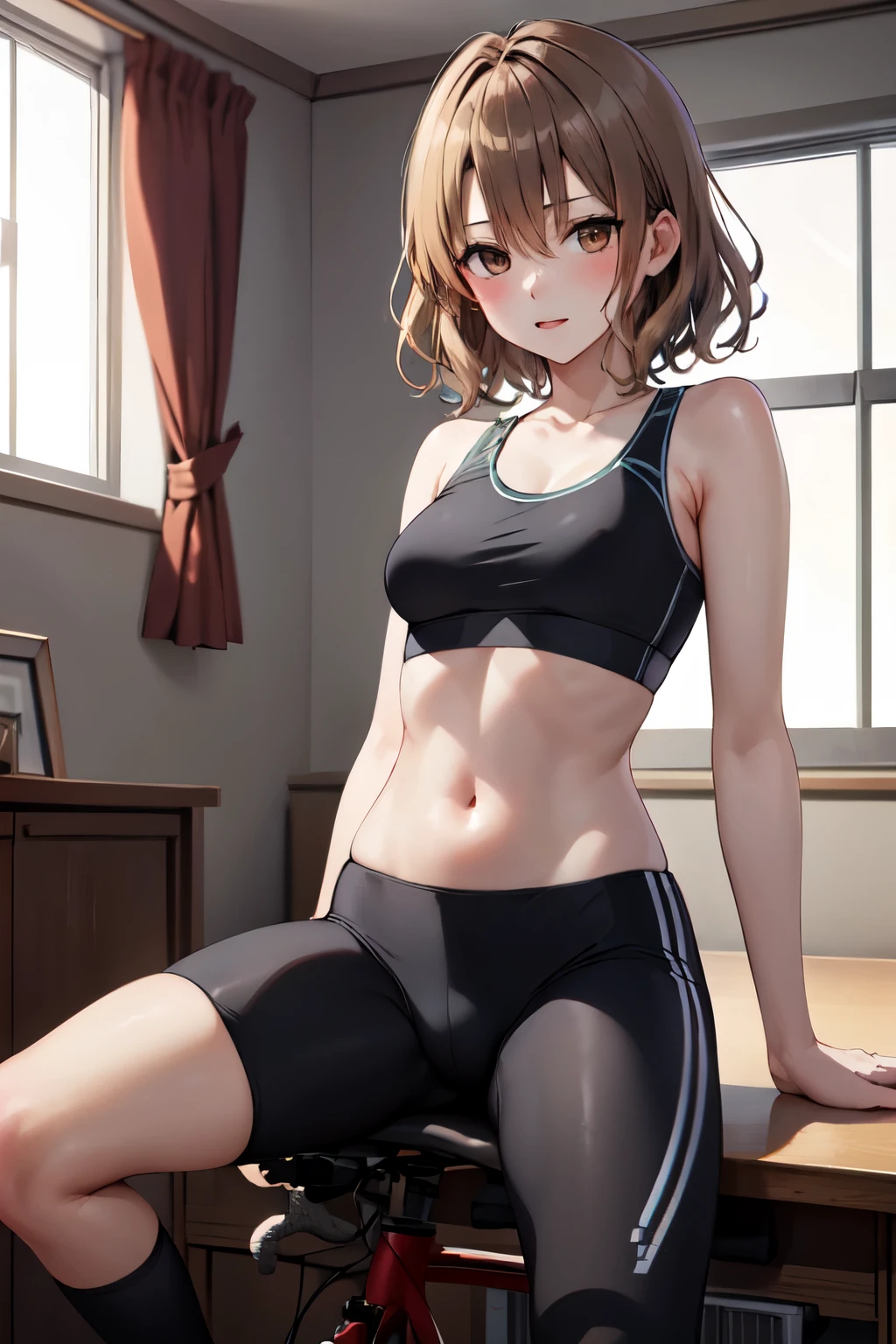 masterpiece, Highest quality, High resolution, One girl, alone, short hair, Brown Hair, Brown eyes, chest, Bedroom、((Sports Bra))、((Bike Pants))、(Black knee-high socks)、