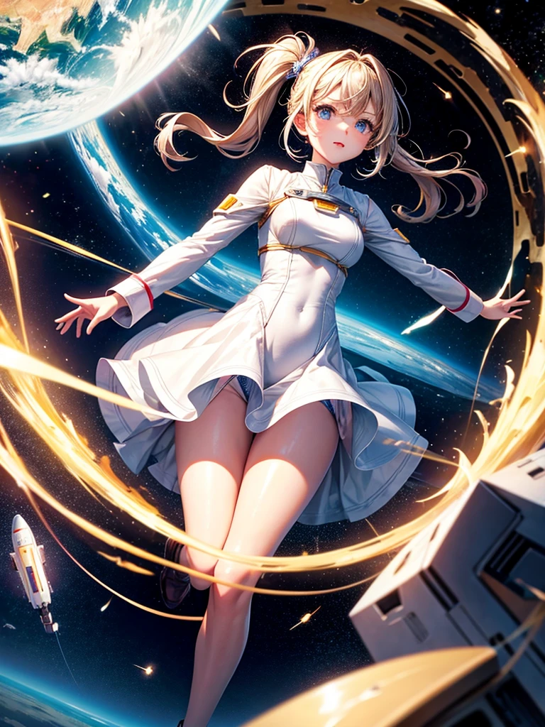 Highest quality,Highest Resolution,A beautiful android girl flying in space,Earth in the background,Get on the machine,