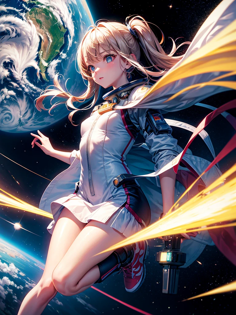 Highest quality,Highest Resolution,A beautiful android girl flying in space,Earth in the background,Get on the machine,