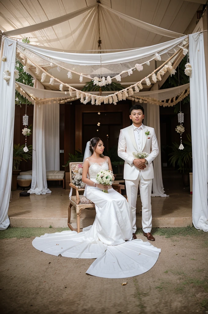 Indonesian wedding photos of the groom and bride, with white decorations, the man wears a suit, the bride wears a white dress, Behind there are wedding chairs and decorations that say LODI & CRY
