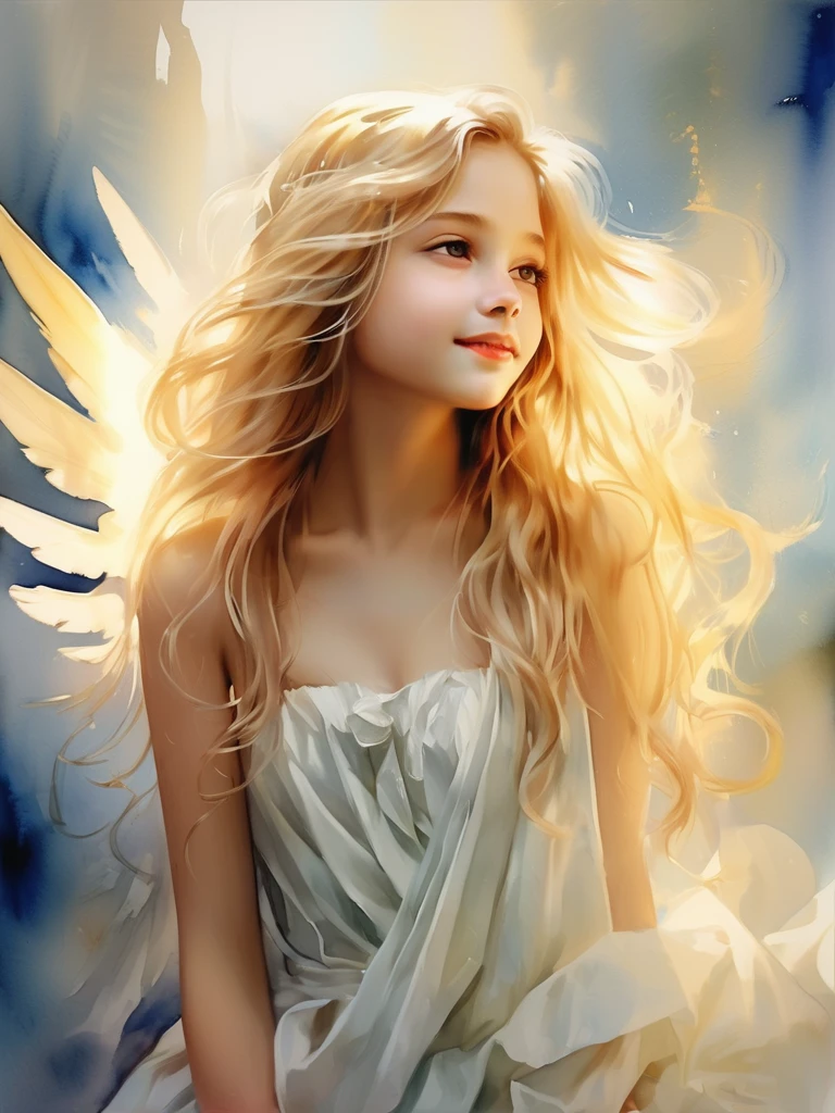 (((Watercolor)))1 Angel girl facing forward, Beautiful wings on the back、Blonde, Long Hair, alone、smile、magic, Strapless White Dress、Hopeful Face、