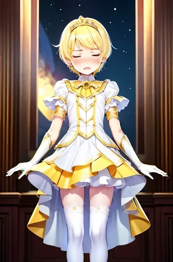 (((detail illustration))), (((best quality))), (((masterpiece))), (((beautiful satin clothes shading))), ((14 years old)), (((yellow magical boy))), (((yellow satin dress))), (((yellow satin pleated skirt))), ((yellow short hair)), ((yellow eyes)), (((white satin long gloves))), ((white satin knee socks)), ((white satin cloak)), ((night sky)), ((sweating, blushed, ashamed, ecstasy, closed eyes, defeat, kiss, heavy breath))