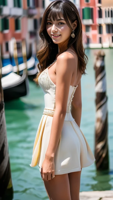 ((SFW: 1.4)), (girl)), Ultra-high resolution, (Realistic: 1.4), RAW Photos, Highest quality, (PhotoRealistic Stick)、Anatomical body、Hands true to anatomy、Detailed hands、Cleavage、Curved waist、concentrate, Soft Light, ((15 years old)), ((Japanese)), (( (Young Face))), (surface), (Written boundary depth), masterpiece, (Realistic), woman, bangs, ((1 girl))、(((Model-like style、Thighs、Shin、Full body portrait)))、(((Find someone you like and smile)))、(((The background is the tourist destination of Venice)))、((((((Luxury Bridal Fashion、Mr.々A pose))))))