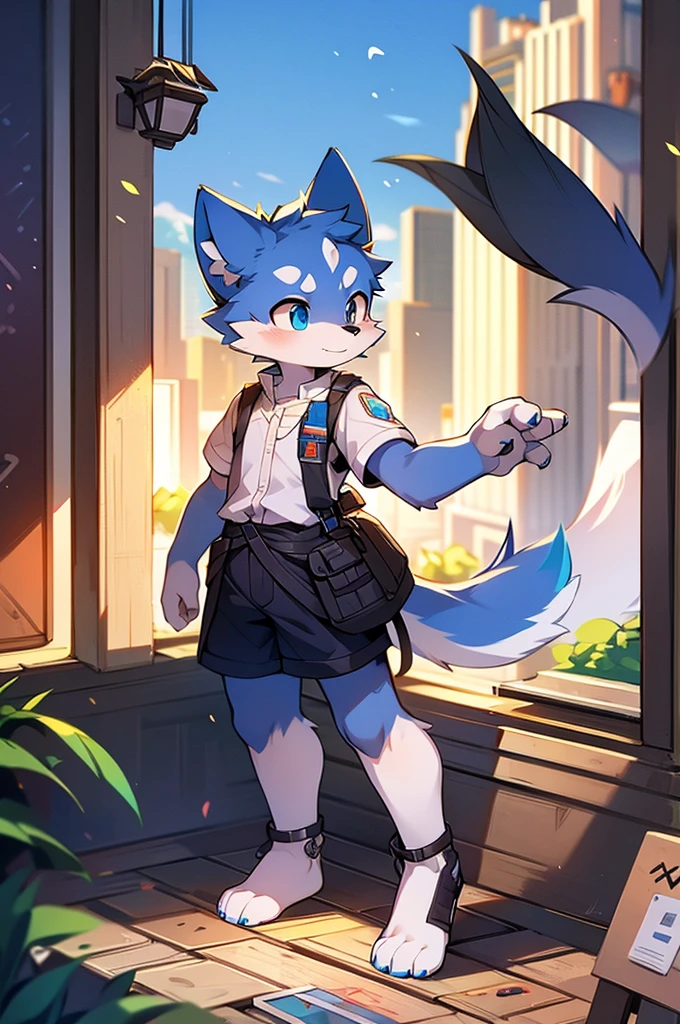 Blue fur, Canine, fox motif, boy, uniform,expensive，one person，Stand up on your own feet，Expensive，Cityscape，thin tail，