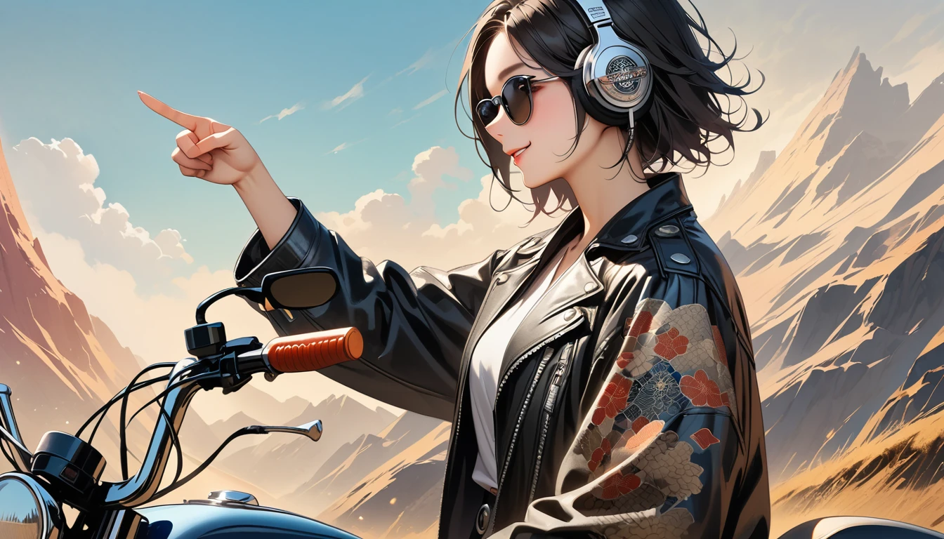 ((8k of extremely detailed CG unit, Masterpiece, high resolution, highest quality, highest quality real texture skin)), (((profile))), (((Japanese pattern leather jacket))), (((Harley-Davidson))), (((Japanese style headphones))), (((sunglasses))), (((The right hand is holding the right handle and the left hand is holding the left handle))), (((Smiling while driving a motorcycle))), (((Japanese patterned helmet))), ((1 girl)), (Black hair, messy hair, beige skin), (surreal, digital painting), (((Upper Body)))
