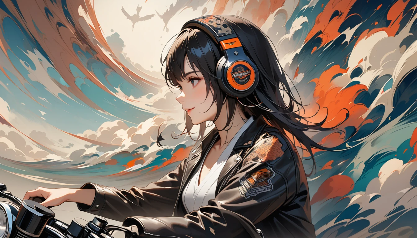 ((8k of extremely detailed CG unit, Masterpiece, high resolution, highest quality, highest quality real texture skin)), (((profile))), (((Japanese pattern leather jacket))), (((Harley-Davidson))), (((Japanese style headphones))), (((sunglasses))), (((The right hand is holding the right handle and the left hand is holding the left handle))), (((Smiling while driving a motorcycle))), (((Japanese patterned helmet))), ((1 girl)), (Black hair, messy hair, beige skin), (surreal, digital painting), (((Upper Body)))