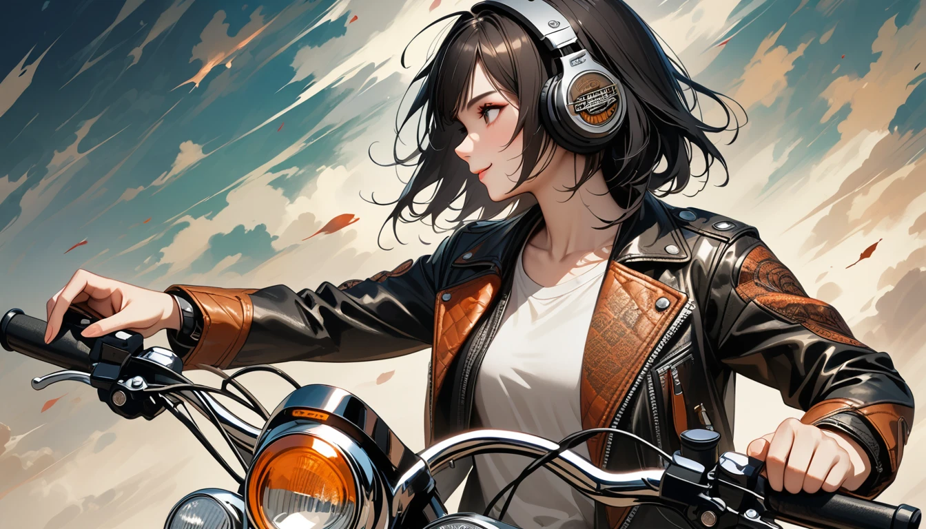 ((8k of extremely detailed CG unit, Masterpiece, high resolution, highest quality, highest quality real texture skin)), (((profile))), (((Japanese pattern leather jacket))), (((Harley-Davidson))), (((Japanese style headphones))), (((sunglasses))), (((The right hand is holding the right handle and the left hand is holding the left handle))), (((Smiling while driving a motorcycle))), (((Japanese patterned helmet))), ((1 girl)), (Black hair, messy hair, beige skin), (surreal, digital painting), (((Upper Body)))