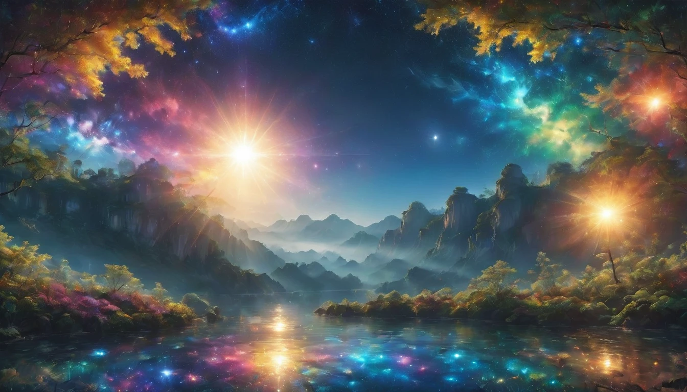View of the night city from the top of a cliff、Super detailed、forest、大forest林、Portrait Photography、{{masterpiece}}, Highest quality, Highly detailed 8k wallpaper, Cinema Lighting, Lens flare, Beautiful detailed wood々, Night Garden, colorful light, particle, Heterochromia iridis, (colorful:1.5),