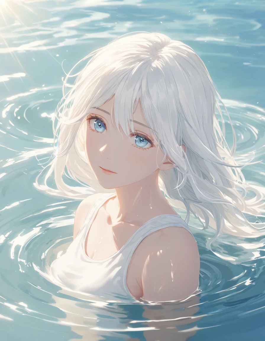 Anime style female character in water, (Long white hair:1.2), (Gentle expression:1.1), blue eyes, White tank top, (Ripple water effect around body:1.3), Sunlight reflecting on water, sunny, subtle water splash, High Resolution Digital Art, Soft Color Palette, Quiet atmosphere, (Calm sea background:1.1), Realistic water texture