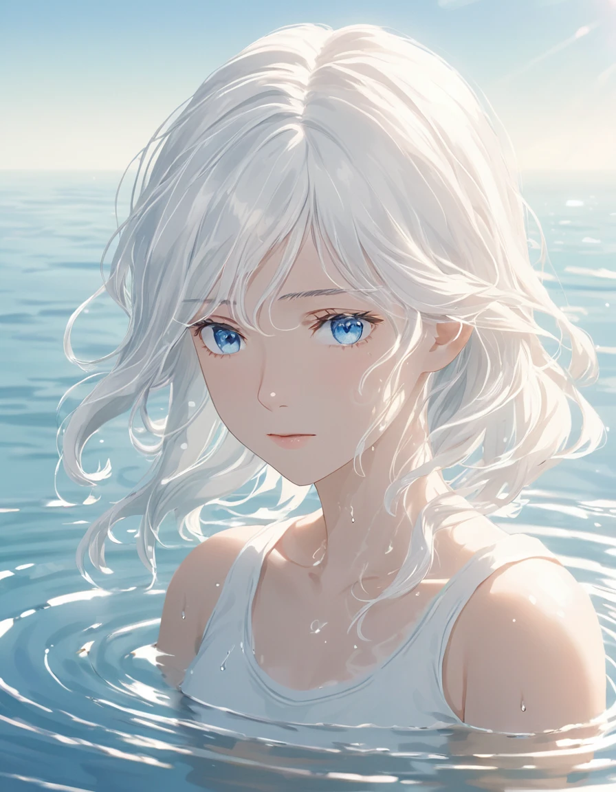Anime style female character in water, (Long white hair:1.2), (Gentle expression:1.1), blue eyes, White tank top, (Ripple water effect around body:1.3), Sunlight reflecting on water, sunny, subtle water splash, High Resolution Digital Art, Soft Color Palette, Quiet atmosphere, (Calm sea background:1.1), Realistic water texture