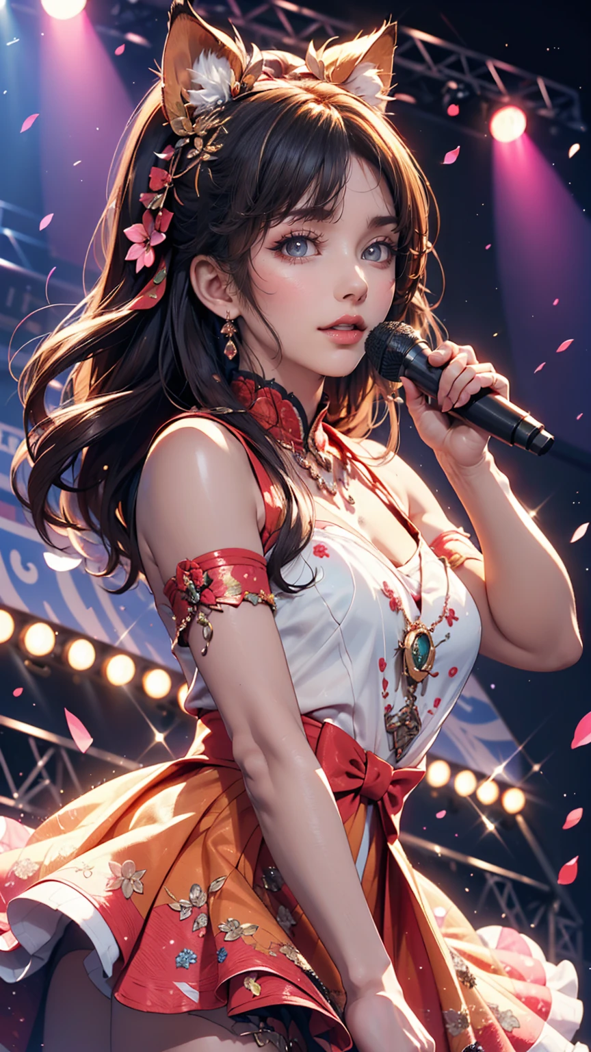 (high resolution、high quality、High resolution、detailed、masterpiece), shikamimi, Shot with Canon EOS 5D, Roar, Perform on stage, concert photography, Cute Core、Observe the audience、Very pretty and beautiful K-POP female idols, singing at live stage in ゴンドラ, Singing scene, Dress scene, Looking at the audience, Idols depicted in vibrant colors, Idol dresses are expressed in colorful colors, Representing an idol'Warm tones of voice