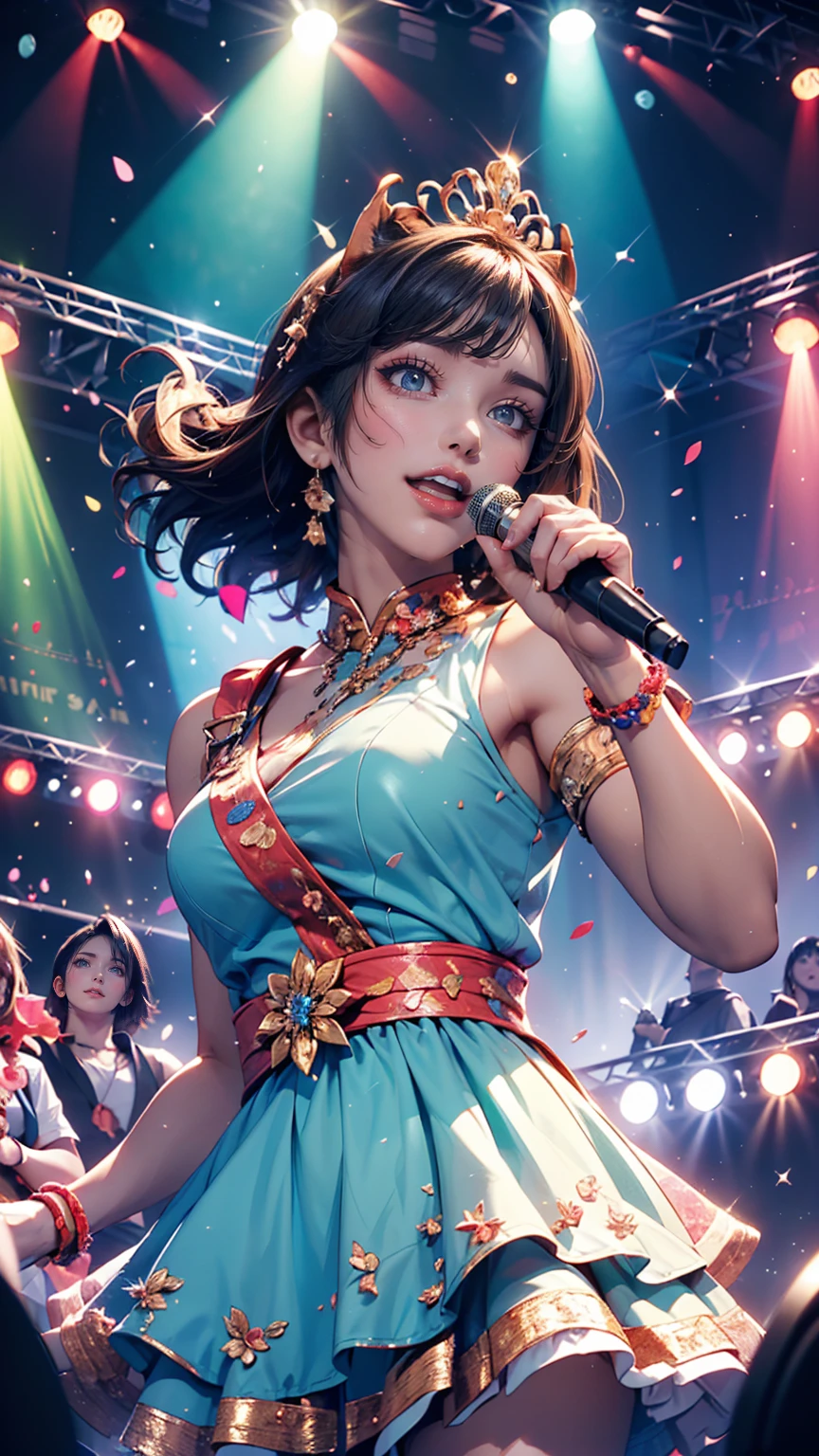 1girl, solo, best quality, masterpiece , Ruby Hoshino,  hair ornament, sparking eyes, star on eye, (star on right eye:1), (dress:1.4), (concert1), on the stage,