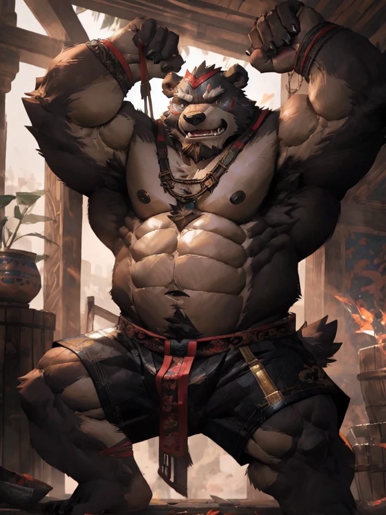 furry character，A very tall and strong bear，He was bare-chested and wearing a pair of cloth shorts，he is a chinese bandit boss，With a fierce look on his face，he is middle age，The Bandit Stockade，ancient style，by lindong