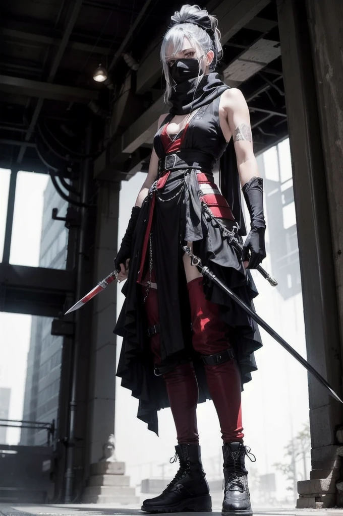(Absurd, High resolution, Super detailed), masterpiece, Highest quality, 1 person, Bright red outfit, has two swords, Gray Hair, Sleeveless shirt, Black mask and scarf, tattoo, From below, Girls Shots,1 personの女の子, Standing pose, whole body, compensate, mascara, Soft lips、Or colored, clean, Sharp Project, Fluid silhouette, Geometric, Elegant and luxurious materials and design, Minimal accessories, Silver or gold necklaces and thin rings, Differentiated Design, High Quality Materials, Fresh, High Fashion, 