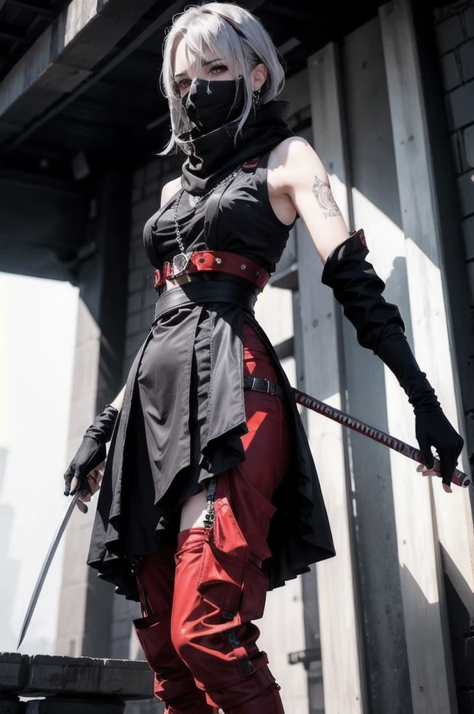 (Absurd, High resolution, Super detailed), masterpiece, Highest quality, 1 person, Bright red outfit, has two swords, Gray Hair, Sleeveless shirt, Black mask and scarf, tattoo, From below, Girls Shots,1 personの女の子, Standing pose, whole body, compensate, mascara, Soft lips、Or colored, clean, Sharp Project, Fluid silhouette, Geometric, Elegant and luxurious materials and design, Minimal accessories, Silver or gold necklaces and thin rings, Differentiated Design, High Quality Materials, Fresh, High Fashion,