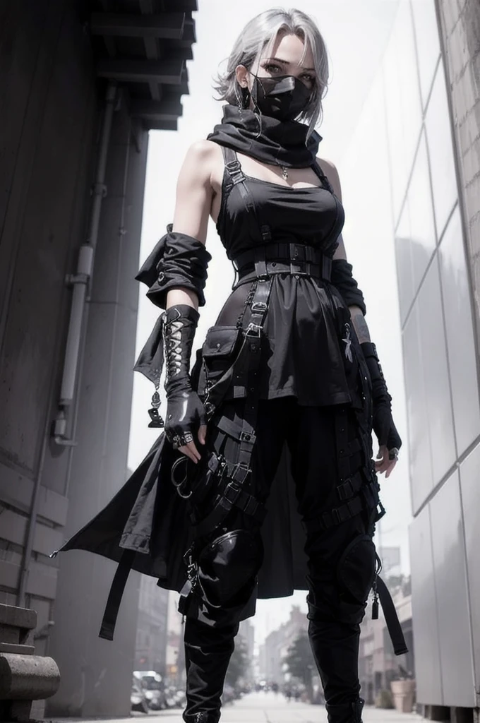 (Absurd, High resolution, Super detailed), masterpiece, Highest quality, 1 person, Bright red outfit, has two swords, Gray Hair, Sleeveless shirt, Black mask and scarf, tattoo, From below, Girls Shots,1 personの女の子, Standing pose, whole body, compensate, mascara, Soft lips、Or colored, clean, Sharp Project, Fluid silhouette, Geometric, Elegant and luxurious materials and design, Minimal accessories, Silver or gold necklaces and thin rings, Differentiated Design, High Quality Materials, Fresh, High Fashion,