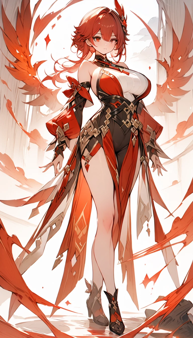 ((masterpiece)), ((best quality)), ((high resolution)), full body, standing, white backgroun, fantasy, genshin clothes, genshin outfit, fantasy theme, red, large breast, bare shoulders, red hair, red eyes, red clothes,