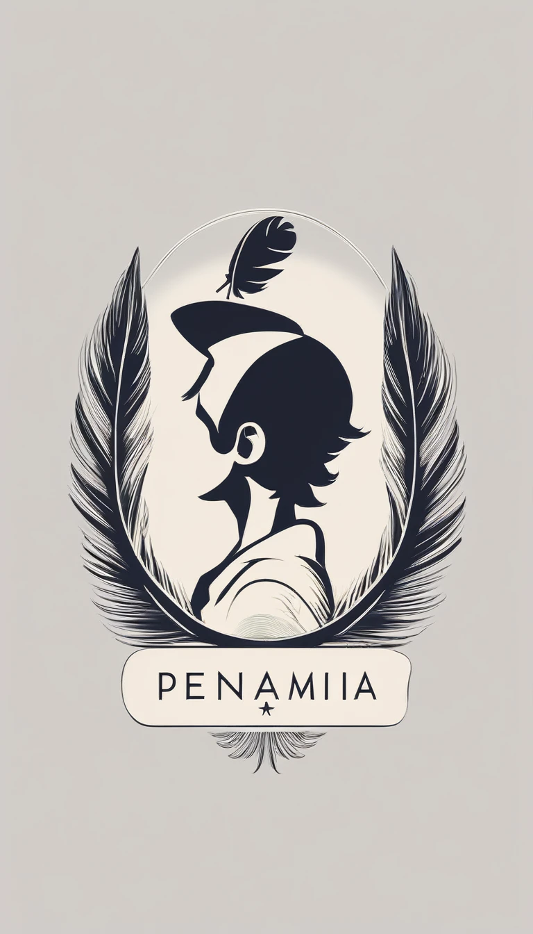 Create a minimal, modern, simple, inspirational, memorable, dream like logo design of a boy and a feather for the brand “Penamemoria".