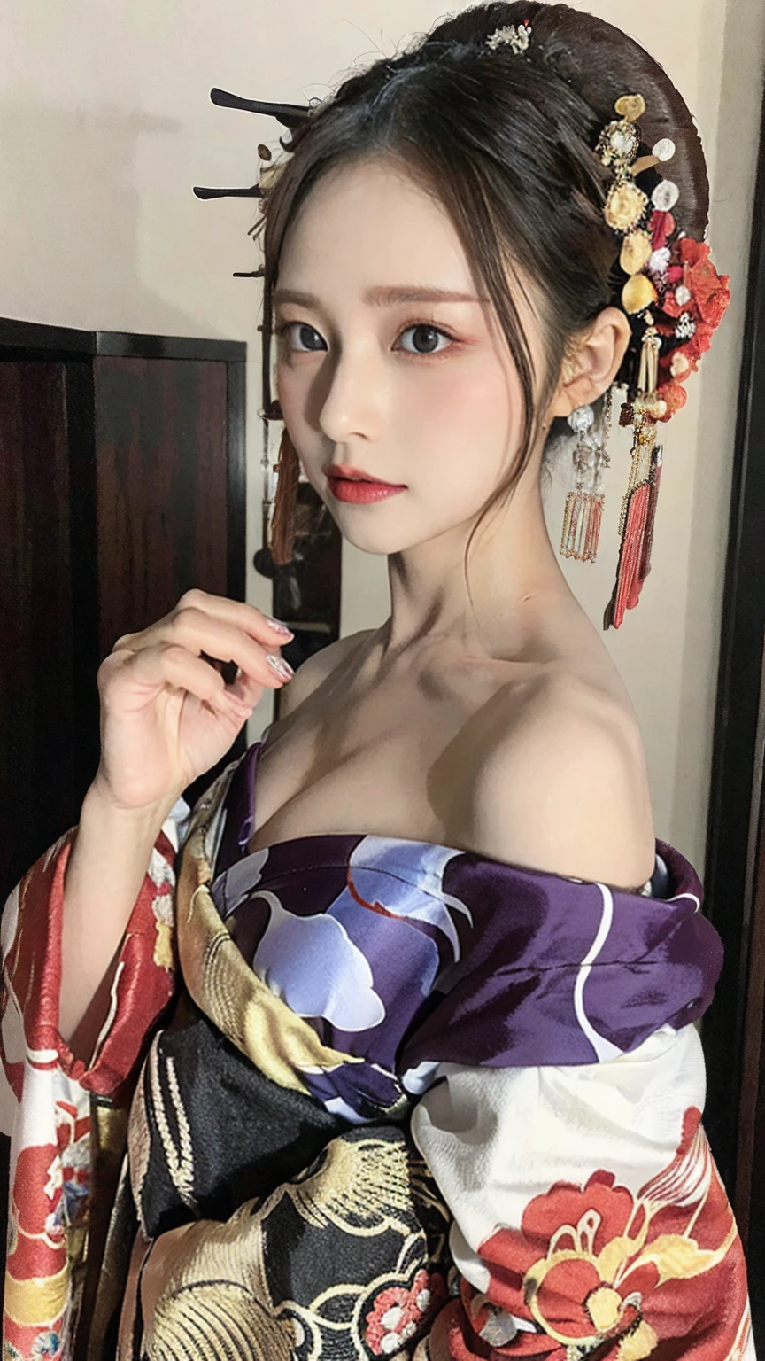 4K, masterpiece, High resolution, Confused,Natural volumetric lighting and great shadows, 笑face,deep i is written deep in the world,soft delicate beautiful attractive face, Beautiful Edge Courtesan_woman, a woman in a kimono posing for a picture ,Courtesan with perfect edge_face,Courtesan with perfect edge_body,edg oiran_Compensate,edg oiran_Hairstyle、Browsing Caution:1.5