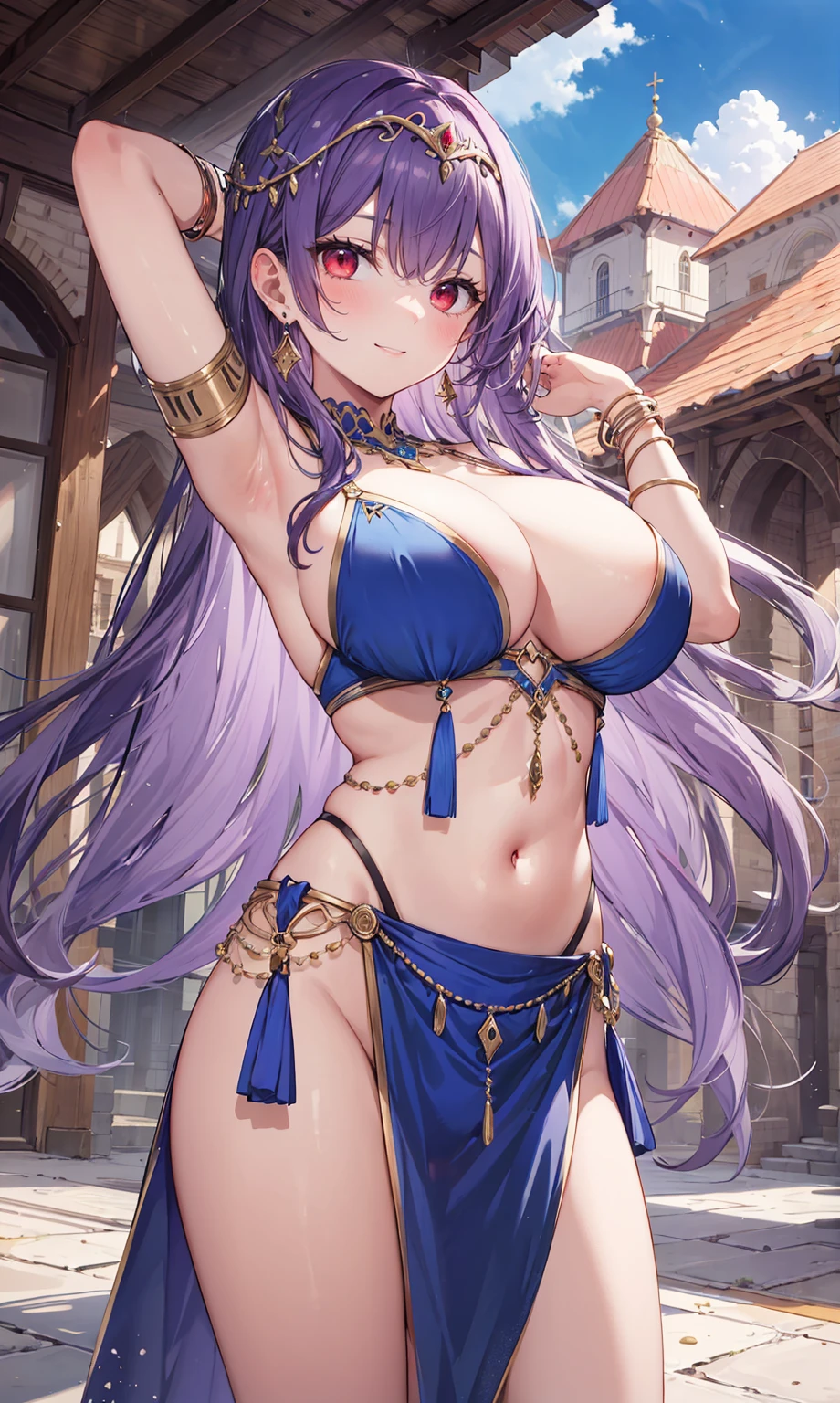 high quality, ultra detailed, best quality, insanely detailed, beautiful, masterpiece, 1girl, medieval plaza, cowboy shot, red eyes, long hair, purple hair, belly dancer, circlet, earrings, armlets, bracelets, bashful smile, large breasts, cleavage, soft stomach