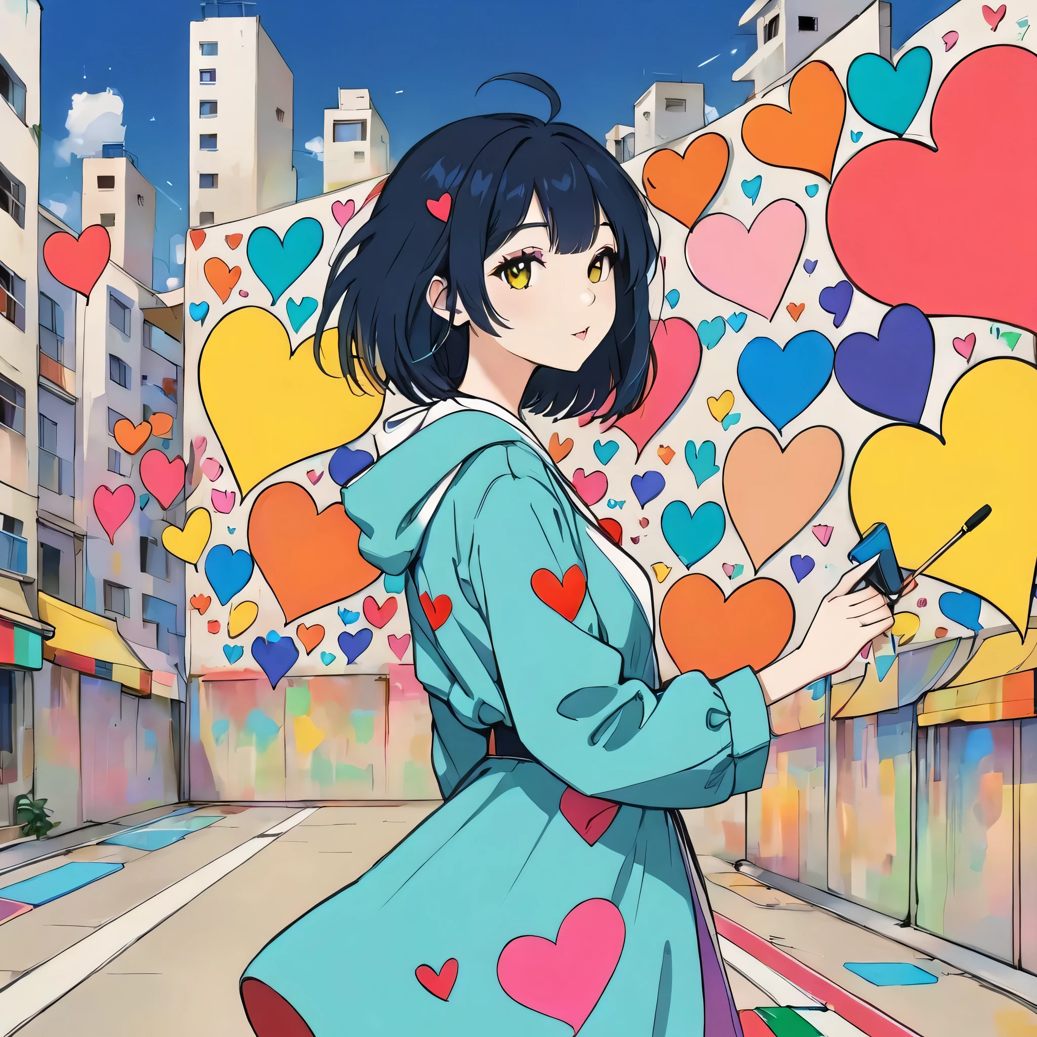 Mai Yoneyama style, Simple Line Initialism,Abstract art,Urban Background, colorful hearts ,(((The most beautiful girl of all time))),