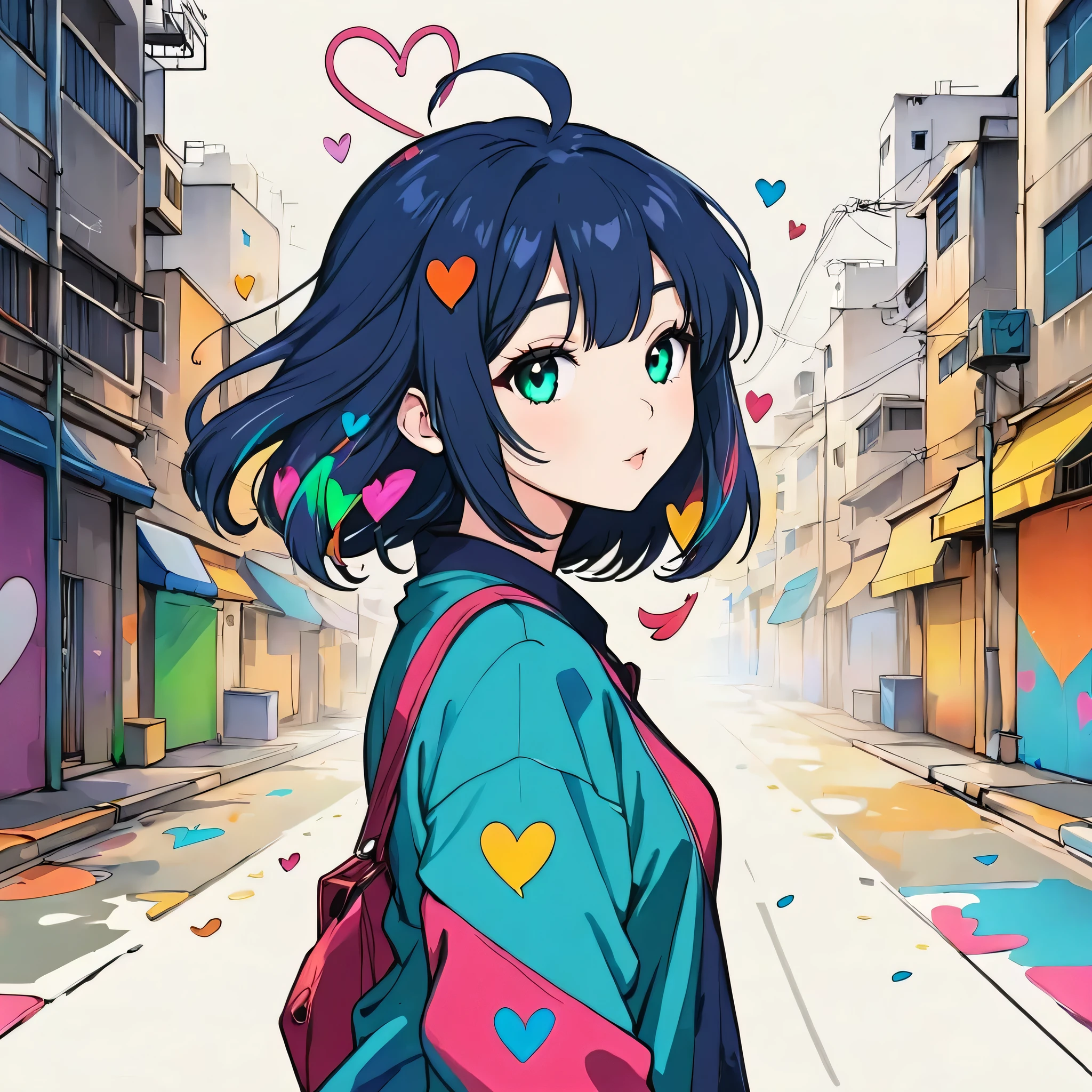 Mai Yoneyama style, Simple Line Initialism,Abstract art,Urban Background, colorful hearts ,(((The most beautiful girl of all time))),