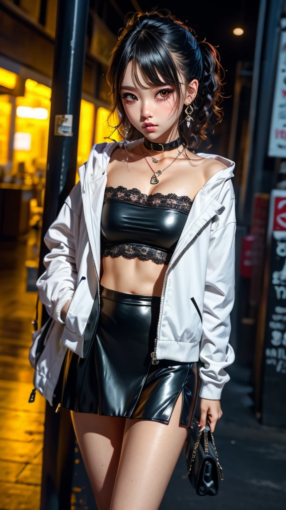 The character costume is KPOP, Hallyu, K-pop anime art style, Hallyu frontline style, Hallyu art style, kpop style, official artwork, Chibi art, Pisif, Blackpink style, cute. KPOP artwork in various poses, The popularity of Pisif art station, 16 year old chibi, No watermark, Extra close-fitting mini skirt, open jacket, extra short clear top Strapless, cleavage, style clothing cyberpunk, smallest short short, wide angle, short top, very short, Lace clothing,