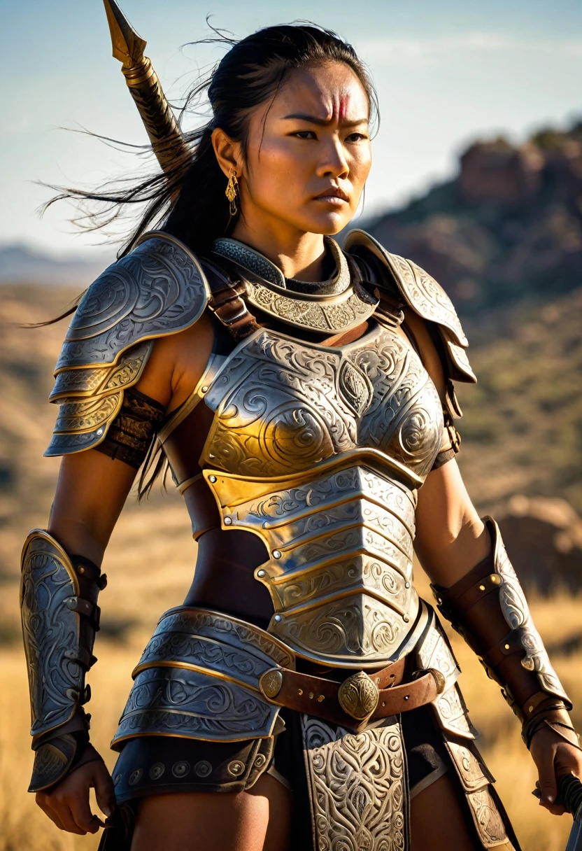 Manono, the legendary female warrior, stands tall and proud, her muscular frame clad in intricate armor adorned with symbols of her people. Her piercing gaze commands attention as she grips her sword, ready to defend her homeland with unwavering courage. The rugged landscape behind her is bathed in a warm, golden light, highlighting the determination etched on her weathered features. This is an image of a true warrior, a protector of her people, and a force to be reckoned with