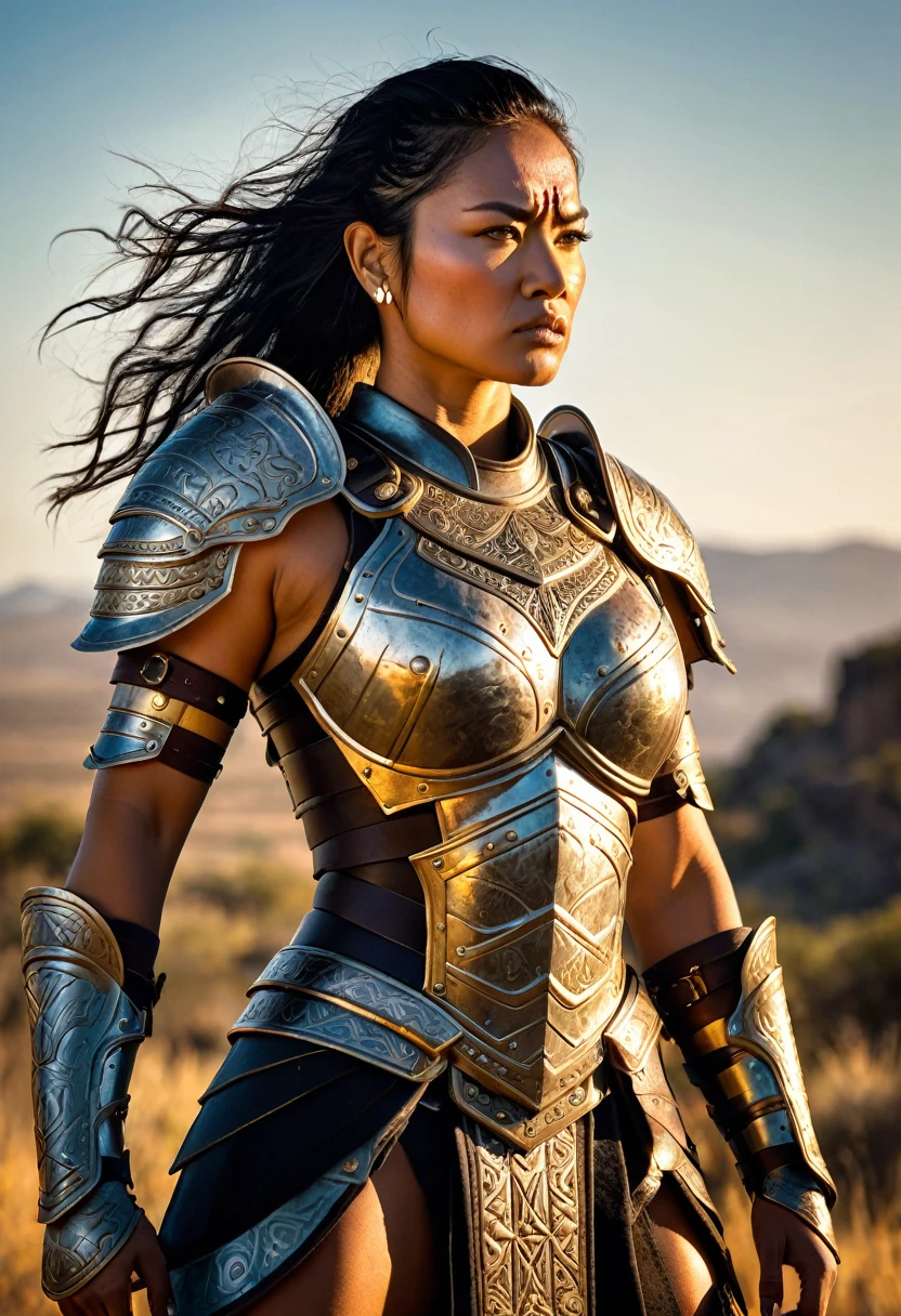 Manono, the legendary female warrior, stands tall and proud, her muscular frame clad in intricate armor adorned with symbols of her people. Her piercing gaze commands attention as she grips her sword, ready to defend her homeland with unwavering courage. The rugged landscape behind her is bathed in a warm, golden light, highlighting the determination etched on her weathered features. This is an image of a true warrior, a protector of her people, and a force to be reckoned with