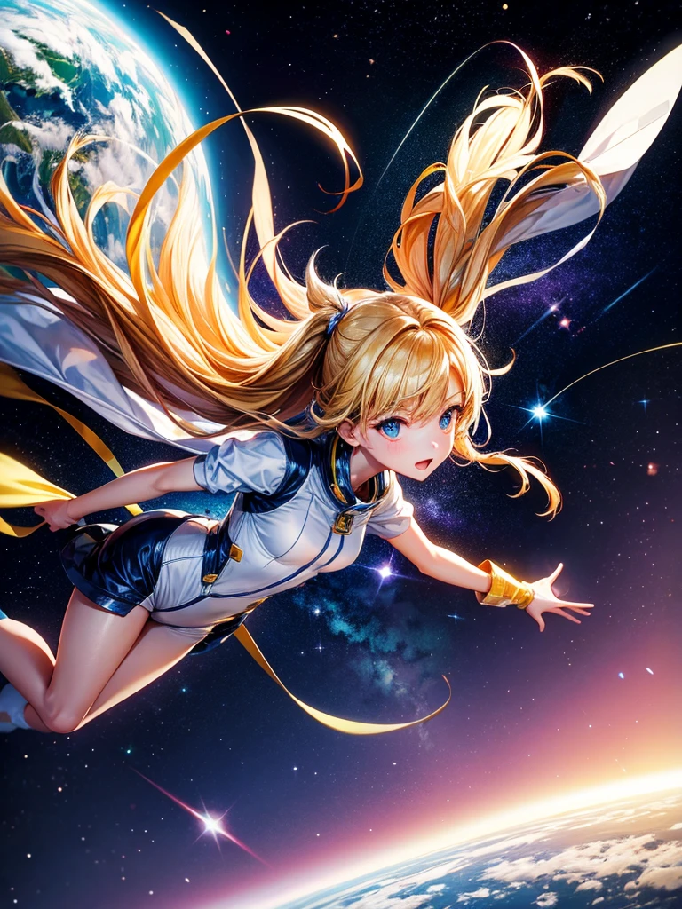 Highest quality,Highest Resolution,A beautiful android girl flying in space,Earth in the background,Get on the machine,